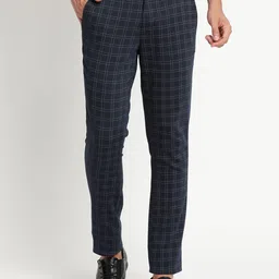 Turtle Men Navy Blue Checked Relaxed Tapered Fit Trousers-image-65