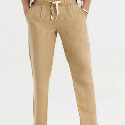 Snitch Men Khaki Relaxed Straight Fit Linen Trousers-image-58