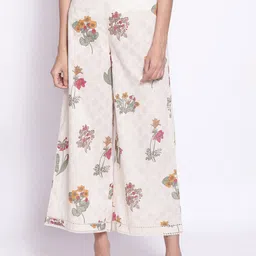 W Women Beige Floral Printed Culottes Trousers-image-41