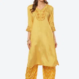 Rangriti Women Yellow Floral Embroidered Kurta with Trousers-29