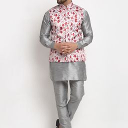 Benstoke Men Grey Floral Dupion Silk Kurta Pajama and Nehru Jacket Set-picture-50