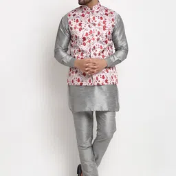 Benstoke Men Grey Dupion Silk Kurta with Trousers & Nehru Jacket-picture-49