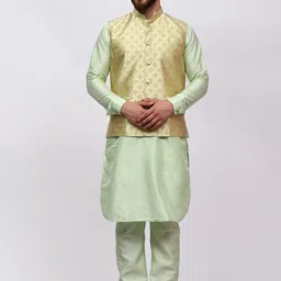 MAG Mandarin Collar Regular Dupion Silk Straight Kurta & Trousers With Nehru jacket image 1