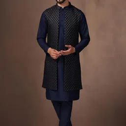 KISAH Mandarin Collar Straight Kurta & Trousers With Printed Nehru Jacket-image-79