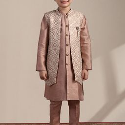 Manyavar Boys Mandarin Collar Regular Straight Kurta with Trousers & Nehru jacket-image-78