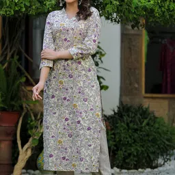 KALINI Floral Printed V-Neck Straight Kurta With Trousers-picture-54