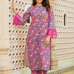 Ambraee Floral Printed Boat Neck Bell Sleeves Regular Straight Kurta With Trousers-picture-7