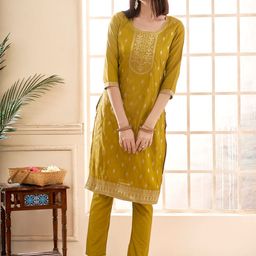 Anouk Mustard Yellow Floral Woven Design Zari Straight Kurta With Trousers-picture-27