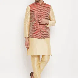 VASTRAMAY Mandarin Collar Straight Kurta with Trousers & Nehru Jacket-picture-3