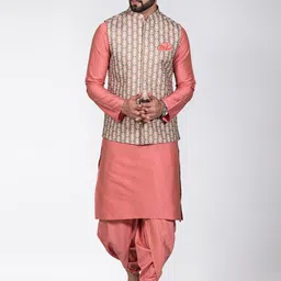 KISAH Men Peach-Coloured Floral Kurta with Trousers & Nehru Jacket-7