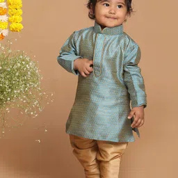 VASTRAMAY Infant Boys Blue & Rose Gold Silk Blend Kurta & Pyjamas-37