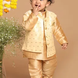 VASTRAMAY Infant Boys Rose Gold Silk Blend Kurta & Pyjamas With Gold Woven Nehru Jacket-picture-47