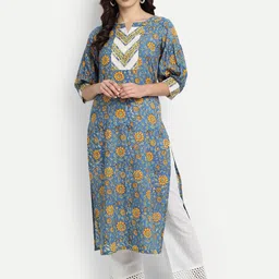 githaan Women Blue Floral Printed Pure Cotton Kurta with Trousers-picture-11