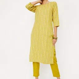 max Women Yellow Striped Pure Cotton Kurta with Trousers-image-8