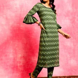 Anouk Graphic Printed Bell Sleeves Pure Cotton Straight Kurta With Trousers-picture-23
