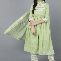 AHIKA Women Green Printed Pleated Pure Cotton Kurti with Trousers-image-31