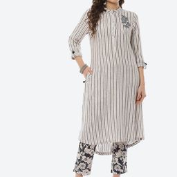 Biba Women White Striped Pure Cotton Kurta with Trousers-picture-46