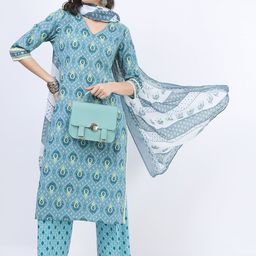 Vishudh Women Blue Printed Empire Pure Cotton A-Line Kurti With Trousers And Dupatta-image-40