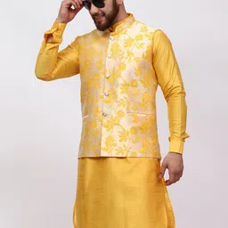 MAG Mandarin Collar Regular Dupion Silk Straight Kurta & Trousers With Nehru jacket image 2