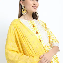 Vishudh Women Mustard Yellow Printed Kurta with Trousers & With Dupatta image 3