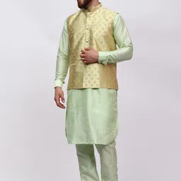 MAG Mandarin Collar Regular Dupion Silk Straight Kurta & Trousers With Nehru jacket image 3