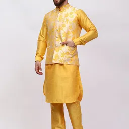 MAG Mandarin Collar Regular Dupion Silk Straight Kurta & Trousers With Nehru jacket image 4