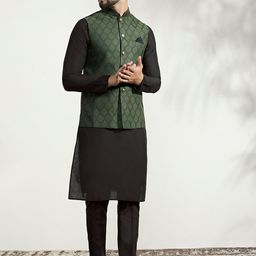 KISAH Men Black Regular Kurta With Trousers And Nehru Jacket image 4