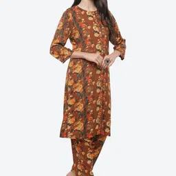 Biba Women Brown Floral Printed Kurta with Trousers image 4