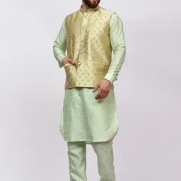 MAG Mandarin Collar Regular Dupion Silk Straight Kurta & Trousers With Nehru jacket image 5