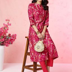 Anouk Fuchsia Abstract Printed Panelled Chanderi Silk Kurta with Trousers-15