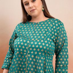 Vishudh Plus Sized Teal Green Ethnic Motifs Woven Design Zari Anarkali Kurta With Trousers-image-43