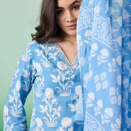 Sangria Printed & Embroidered Pure Cotton Straight Kurta With Trouser & Dupatta Set-40