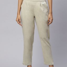 SVARCHI Women Beige Pure Cotton Relaxed Easy Wash Pleated Trousers-image-77