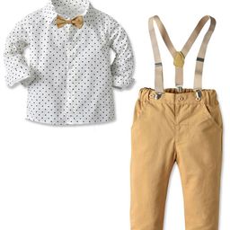 StyleCast Boys White Printed Shirt with Trousers And Suspenders & Bow-image-70