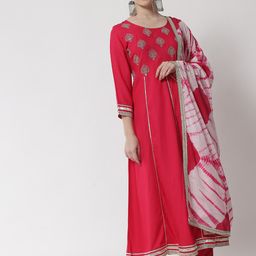 IkDaiya Women Pink Floral Yoke Design Panelled Kurti with Trousers & With Dupatta-picture-17