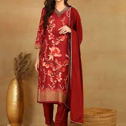 KALINI Floral Printed Sequinned V-Neck Straight Kurta With Trousers & Dupatta-picture-16