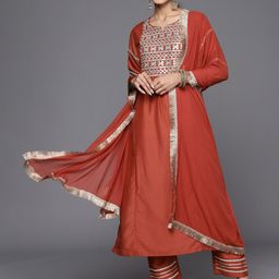 Varanga Yoke Design Notc Neck Mirror Work Straight Kurta with Trousers & With Dupatta-27