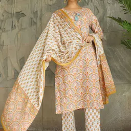 Anouk Floral Printed Regular Pure Cotton Kurta with Trousers & Dupatta-3
