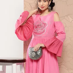 KALINI Floral Printed Cold-Shoulder Sleeves Fit and Flare Maxi Dress-image-96