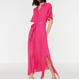 Trendyol Fuchsia & Yellow Printed Shirt Style Maxi Dress-image-19