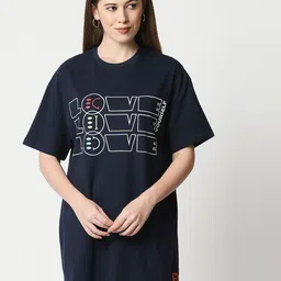 Blamblack Women Navy Blue Printed Typography T-shirt Short Sleeves Dress-picture-25