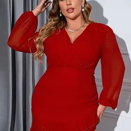 LULU & SKY Plus Size V-Neck Puff Sleeve Wrap Dress-18