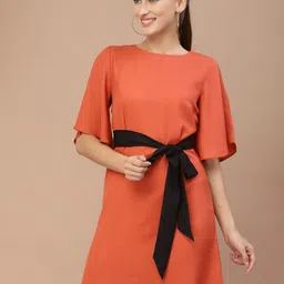 KASSUALLY Women Rust A-Line Dress With Contrast Belt-image-31