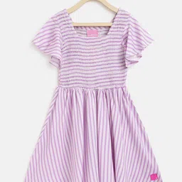 TALES & STORIES Girls Purple Striped Smocked Cotton Fit & Flare Dress-image-50