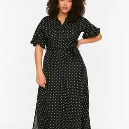 Trendyol Women Black & White Polka Dots Printed Shirt Maxi Dress-image-47