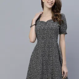 RAASSIO Black Floral Printed Crepe Dress-image-31