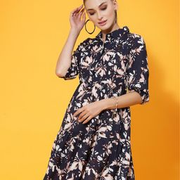 KASSUALLY Navy Blue Fit & Flare Floral Dress-image-67