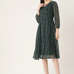 DressBerry Black & Green Floral Printed Puff Sleeve Chiffon Fit & Flare Midi Dress-picture-6
