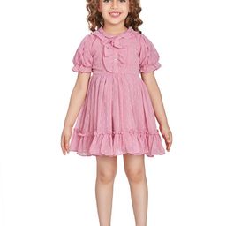 Peppermint Girls Self Design Round Neck Puff Sleeves Gathered Fit & Flare Dress-image-64