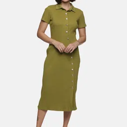 ISU Olive Green Solid Shirt Collar Mini Dress-picture-48